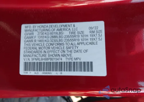 2023 Honda Odyssey Elite z USA, uszkodzony, nr VIN 5FNRL6H98PB015474